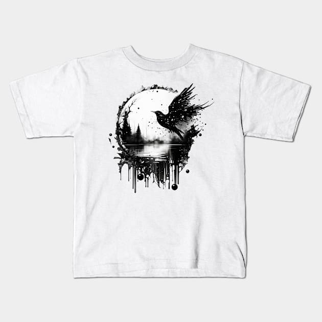 Monochrome Mystique: Ink Splatter Raven in Round Shadow Box Kids T-Shirt by Scribbles2Baubles